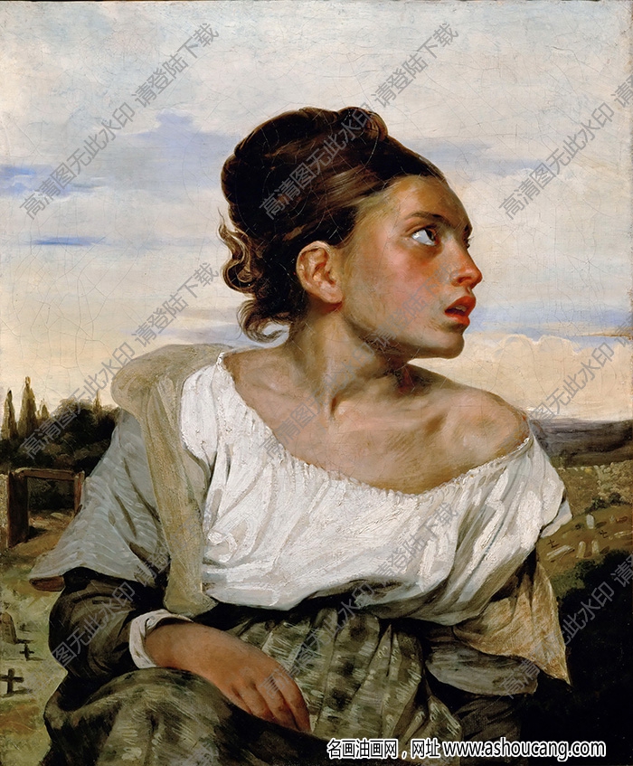 德拉克罗瓦 名画《坐在墓园的女人》高清大图下载