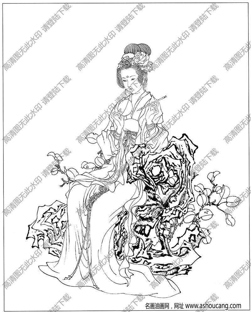 古代女子白描线稿63高清图片下载-名画油画网