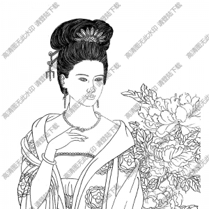 古代女子《贵妃赏花》白描图片高清下载