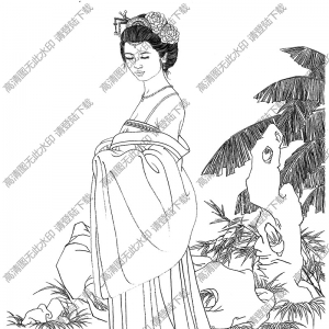 古代仕女《蕉影丽人》线描画底稿高清大图下载