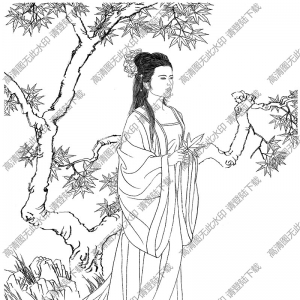 古代仕女《幽景倩影》线描画底稿高清大图下载