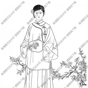 古代仕女《红花吐艳》线描画底稿高清大图下载