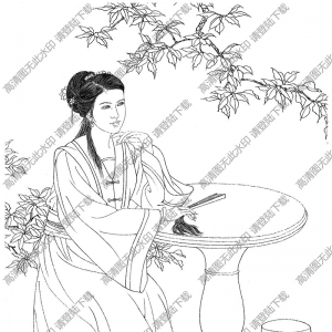 古代女子《含芳秋月》线描画底稿高清大图下载