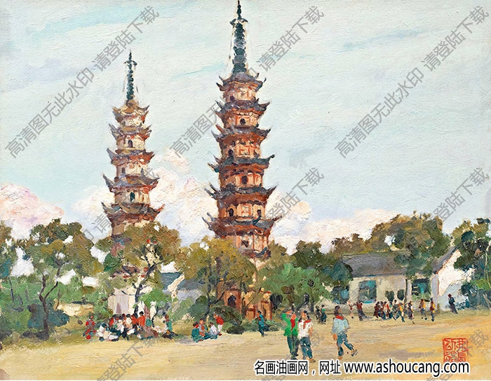 费以复油画 苏州双塔 高清大图下载-名画油画网