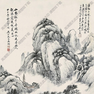 吴琴木国画 松山飞瀑 高清大图下载