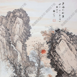 袁松年作品 夕阳红树暮秋山 高清大图下载